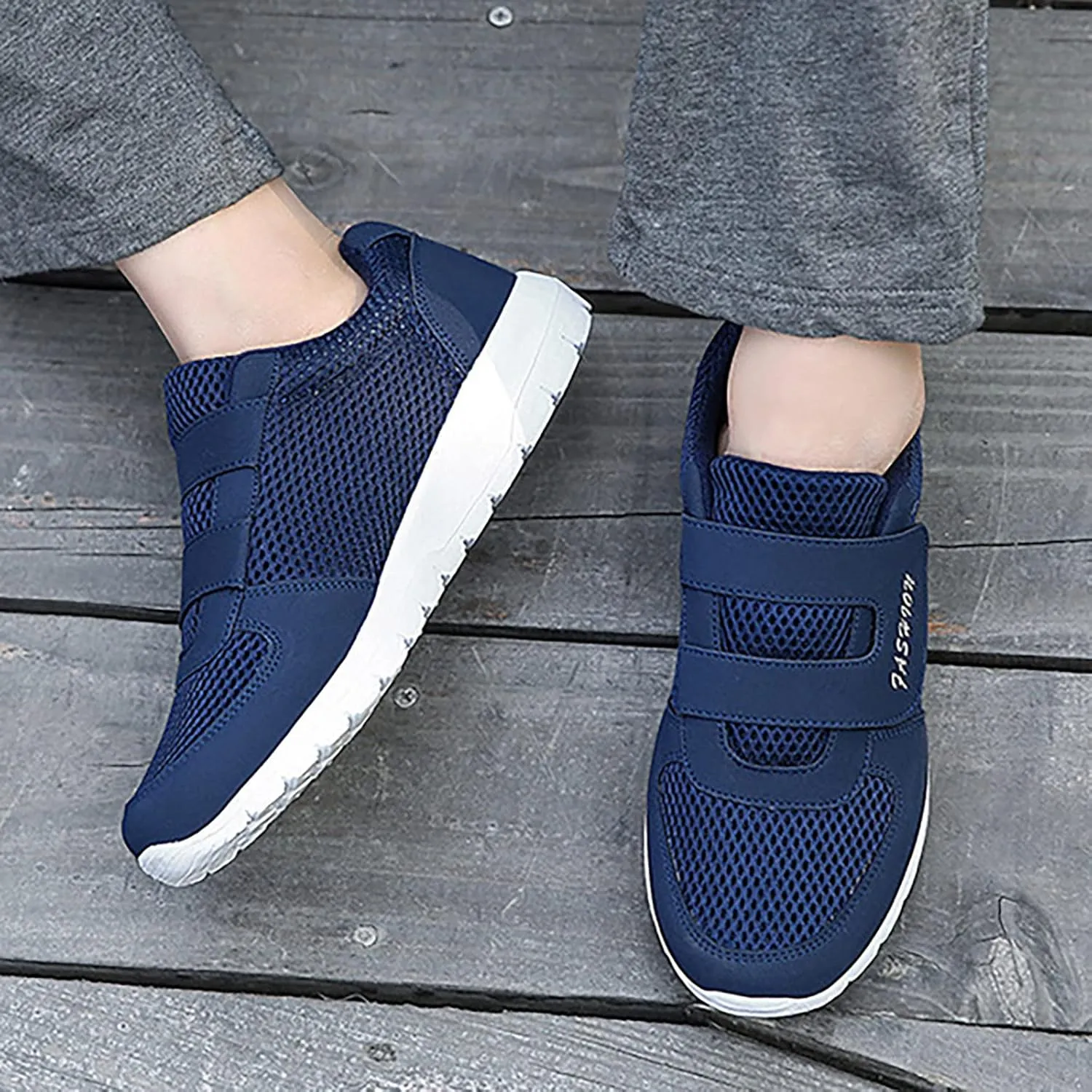 Mens Loafers & Slip-Ons Men's 2023 New Hook Loop Solid Color Fly Woven Mesh Breathable Running Shoes