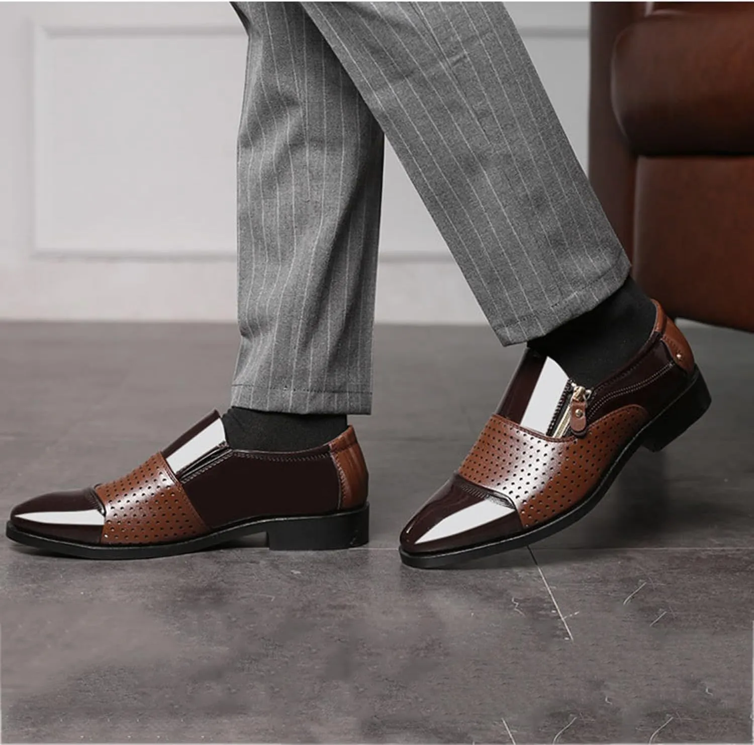 Mens Slip-On Loafers Fashion Breathable Cut Out Slippers Patent Leather Brogues Business Wedding Dress Shoes