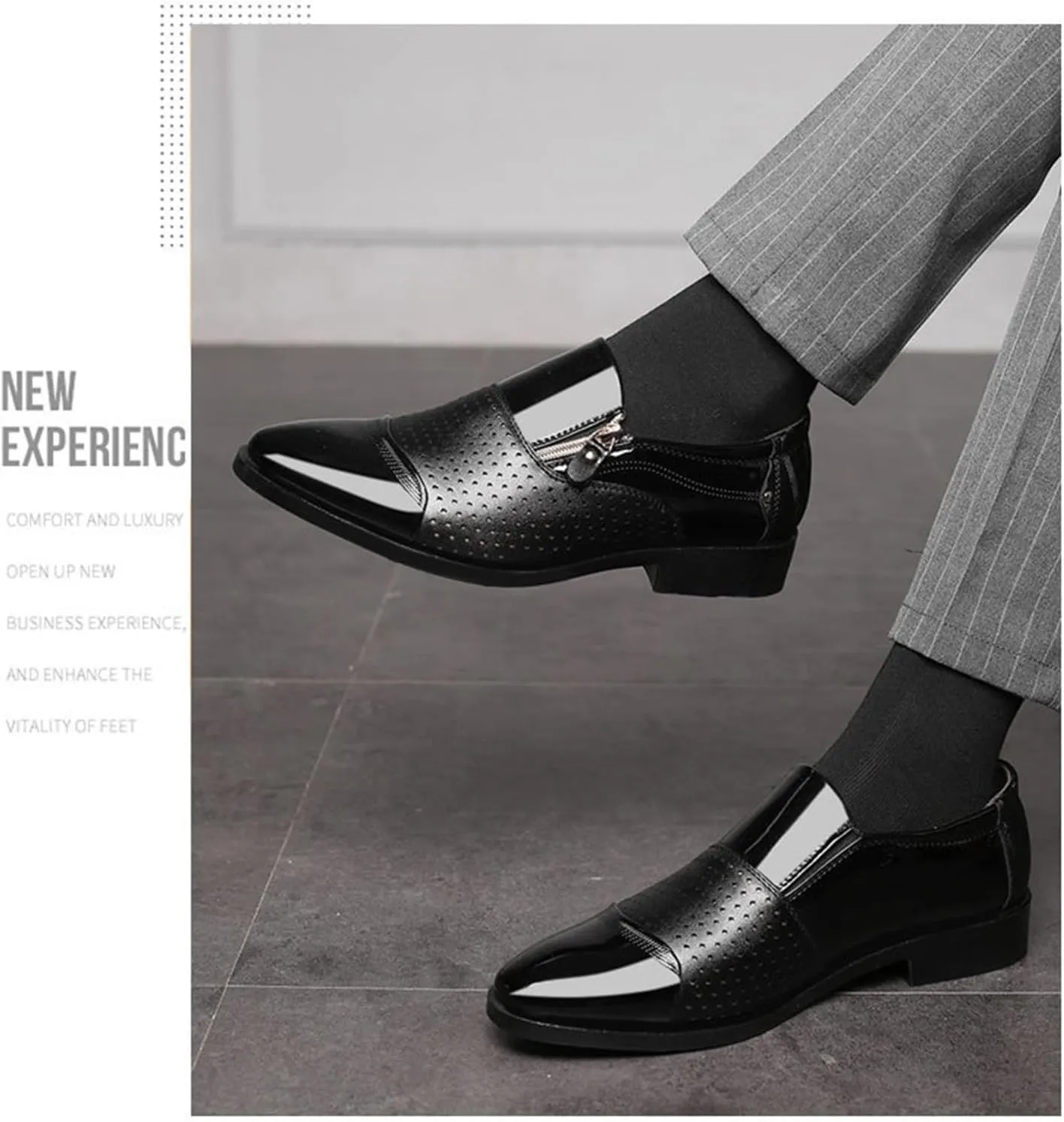 Mens Slip-On Loafers Fashion Breathable Cut Out Slippers Patent Leather Brogues Business Wedding Dress Shoes
