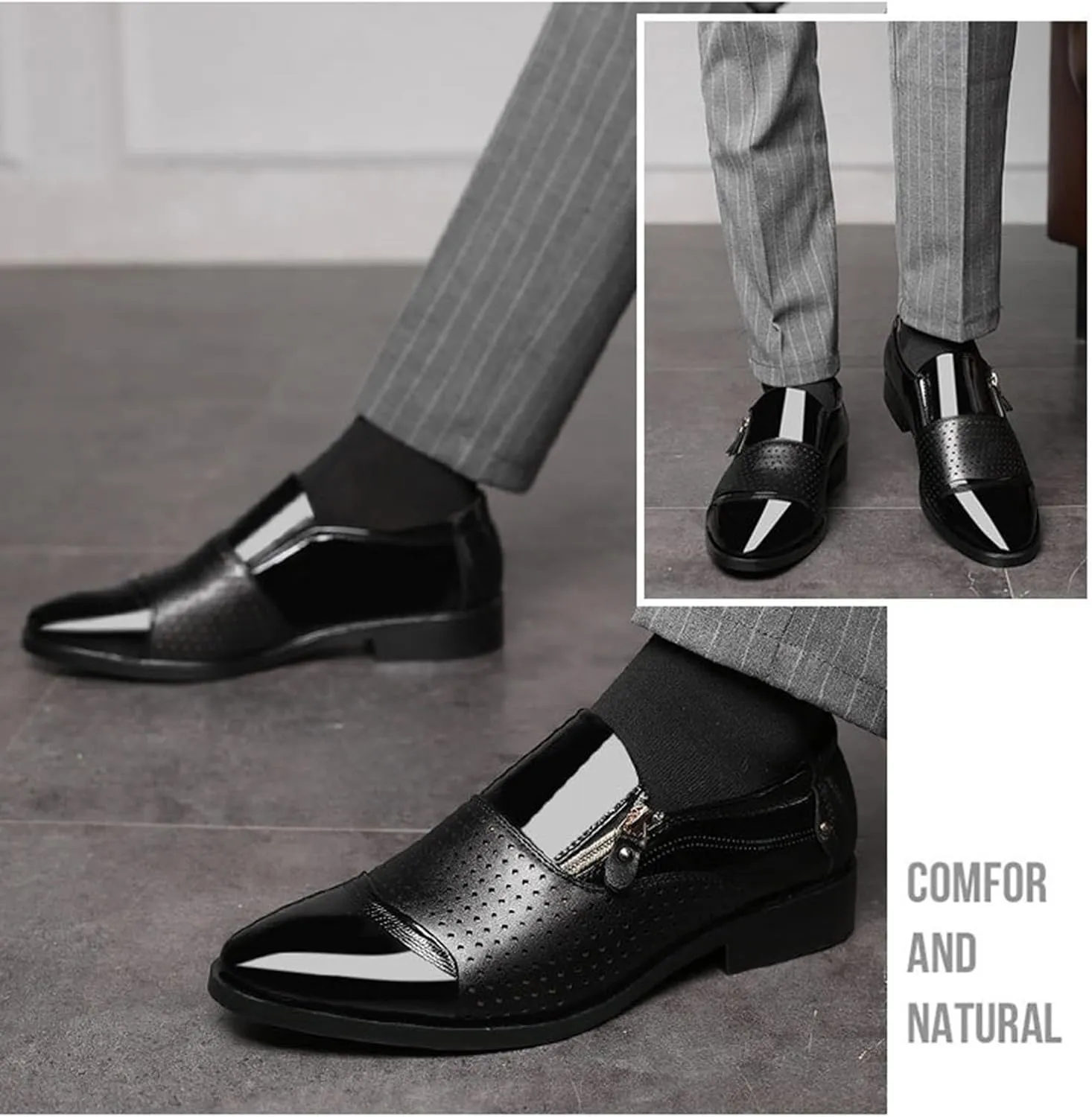 Mens Slip-On Loafers Fashion Breathable Cutout Slippers Patent Leather Brogues Wedding Business Dress Shoes