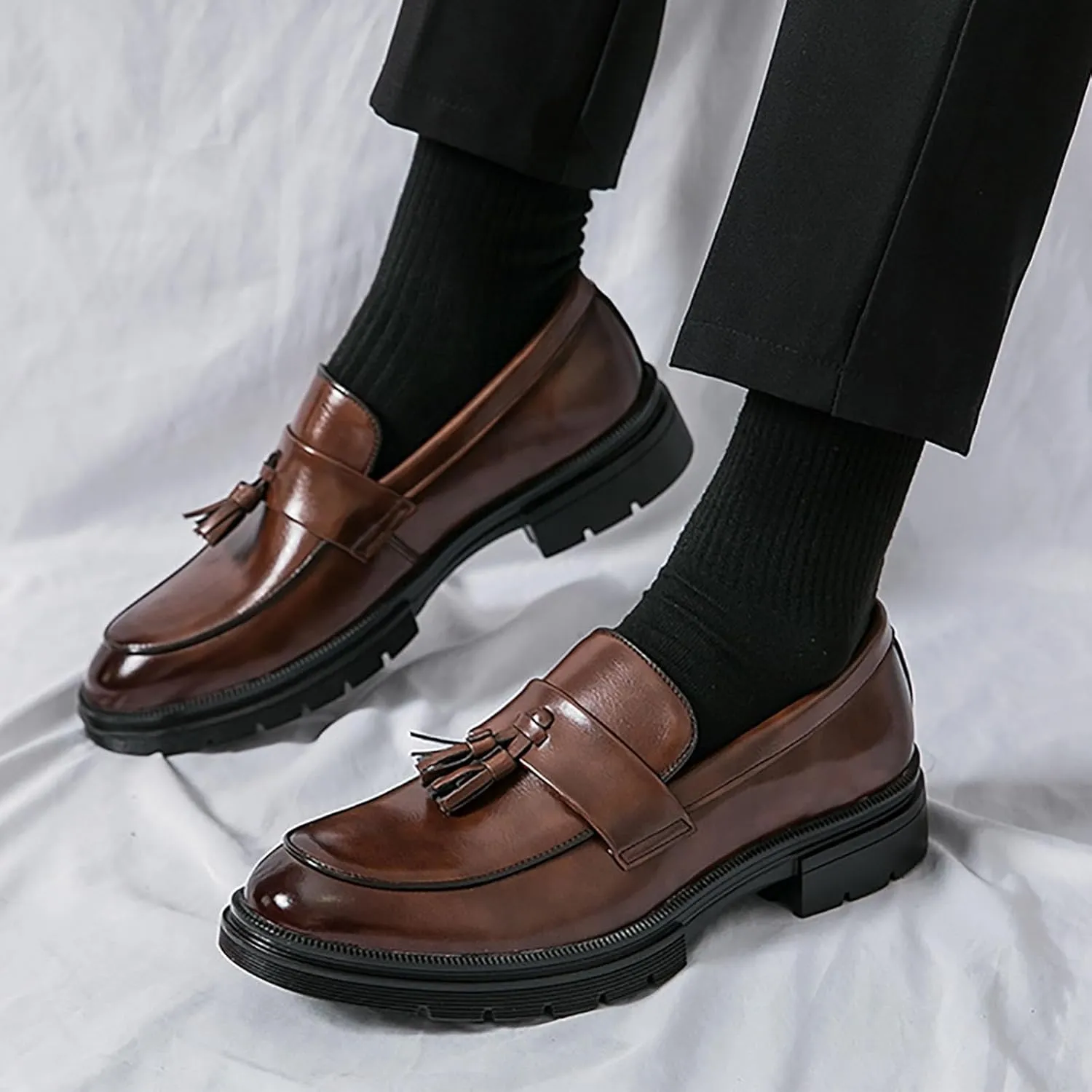 Men's Tassel Leather Slip-on Oxfords， Soft and Comfortable Slip-on Footwear Driving Party Business Work Shoes