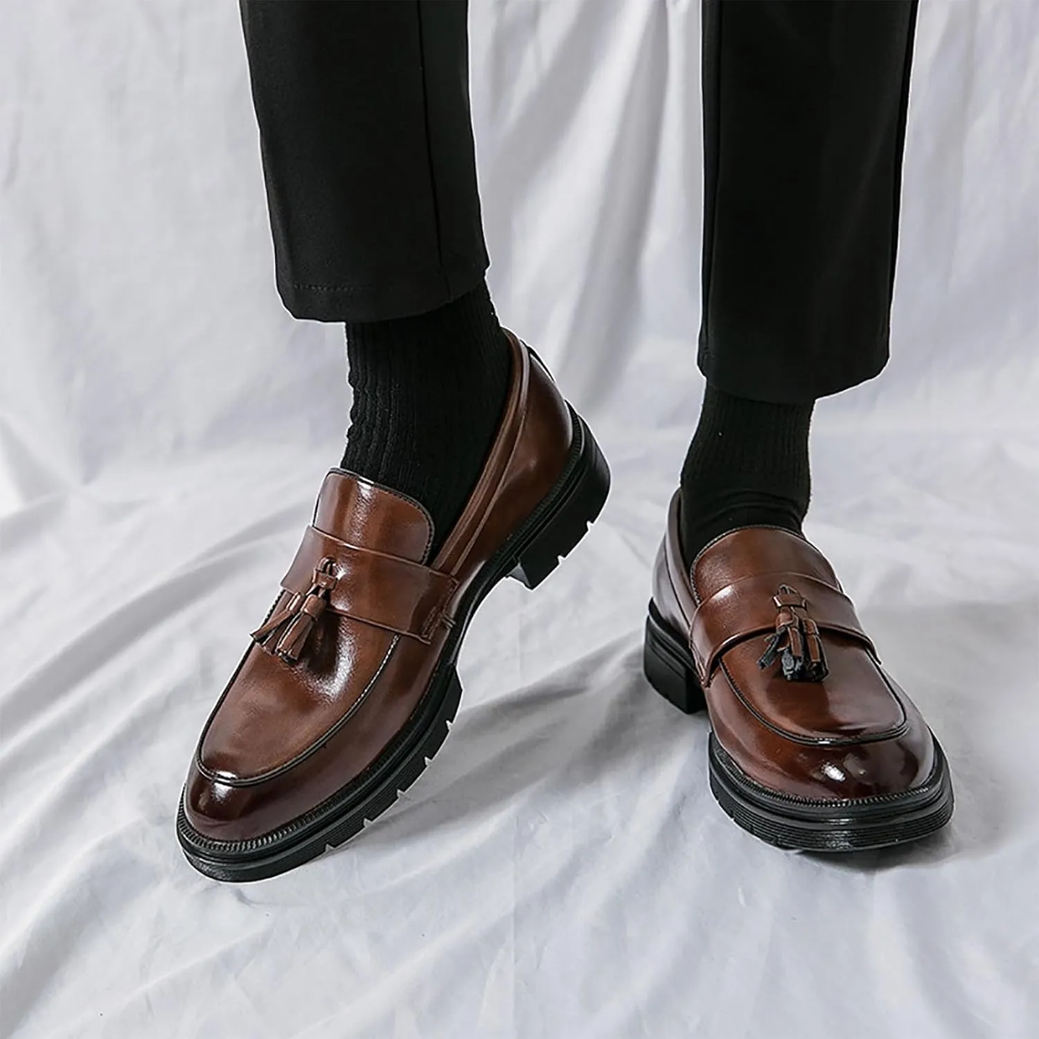 Men's Tassel Leather Slip-on Oxfords， Soft and Comfortable Slip-on Footwear Driving Party Business Work Shoes