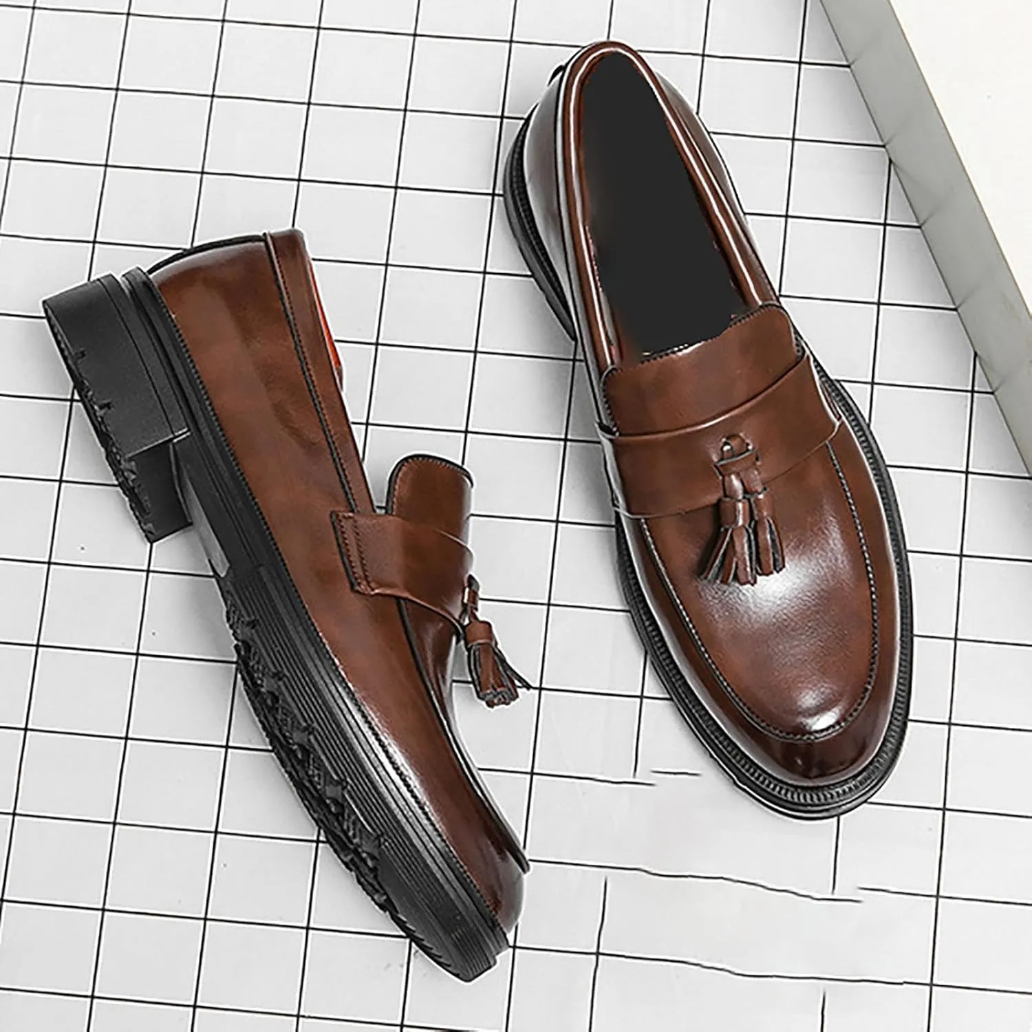 Men's Tassel Leather Slip-on Oxfords， Soft and Comfortable Slip-on Footwear Driving Party Business Work Shoes
