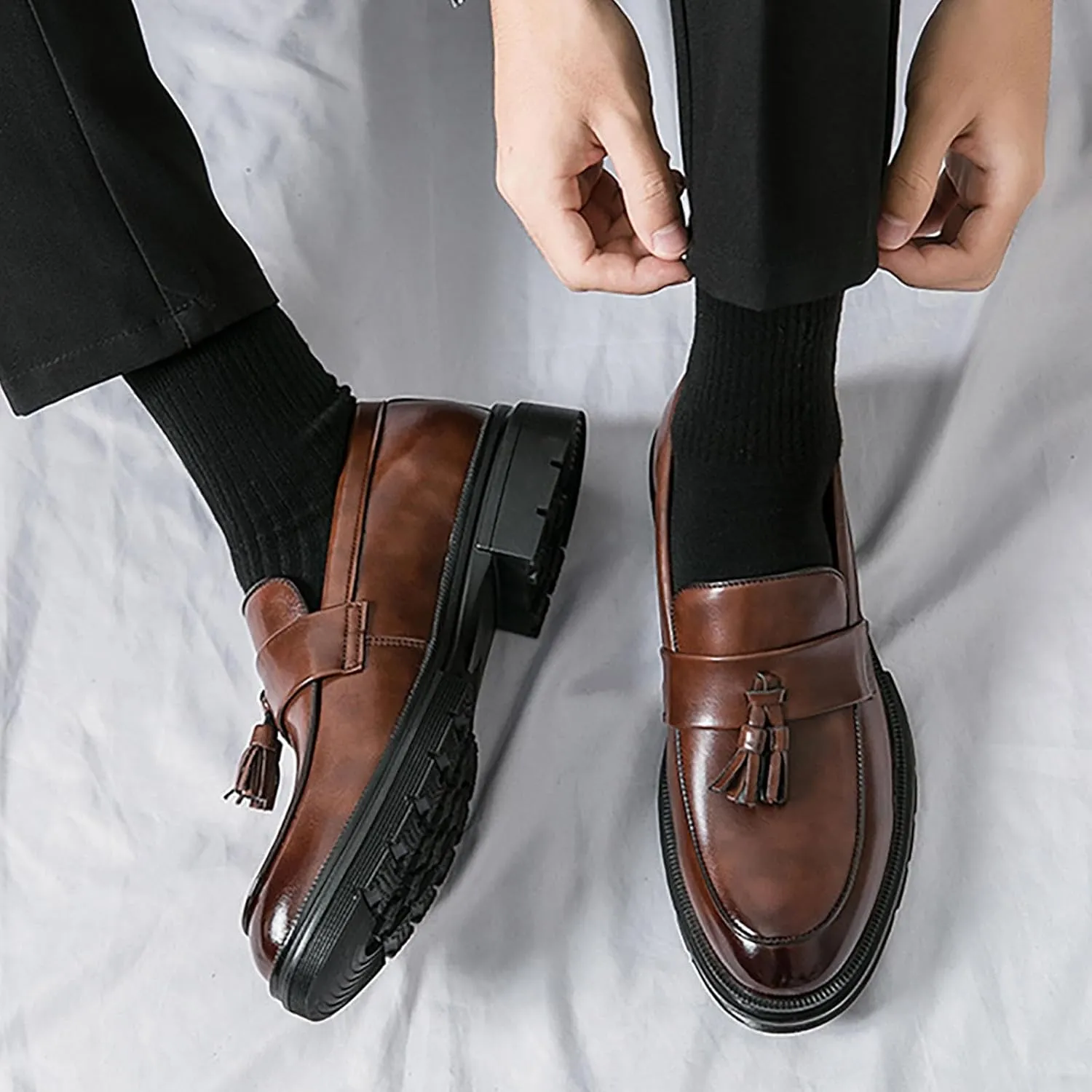 Men's Tassel Leather Slip-on Oxfords， Soft and Comfortable Slip-on Footwear Driving Party Business Work Shoes