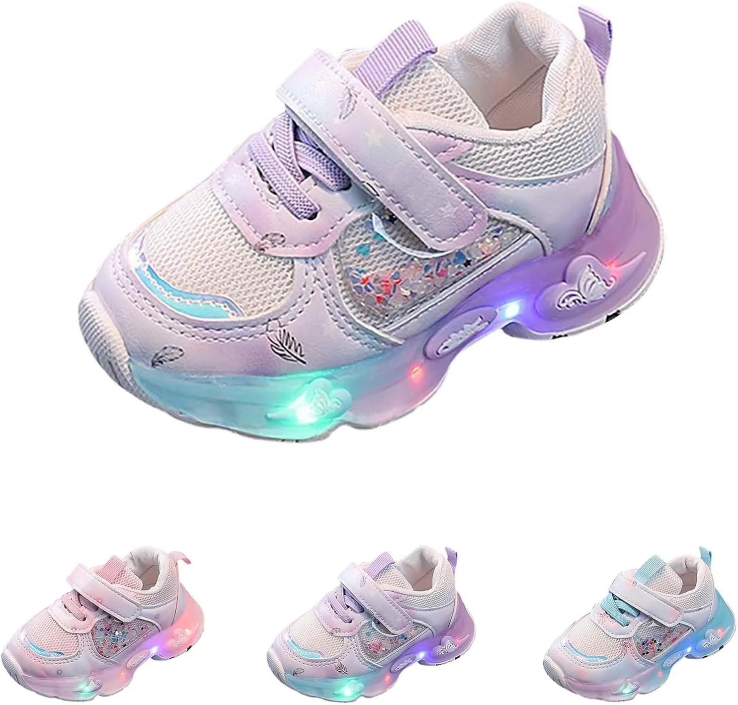 Mesh Glitter artoon Sneaker for Toddler Baby Girls Open Breathable Light Up Sport Shoes Outdoor Running Non Slip Comfy