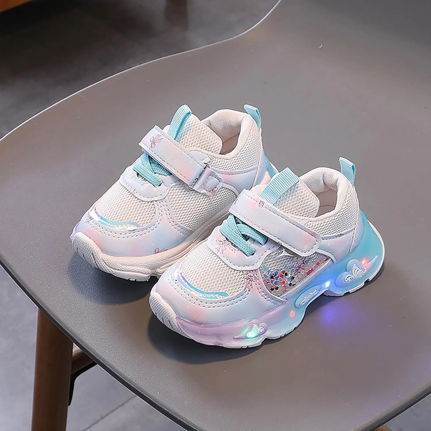 Mesh Glitter artoon Sneaker for Toddler Baby Girls Open Breathable Light Up Sport Shoes Outdoor Running Non Slip Comfy