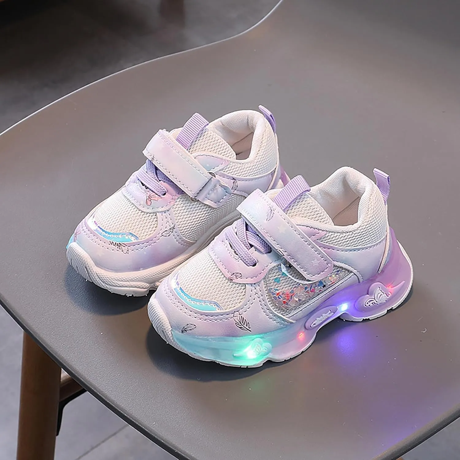 Mesh Glitter artoon Sneaker for Toddler Baby Girls Open Breathable Light Up Sport Shoes Outdoor Running Non Slip Comfy
