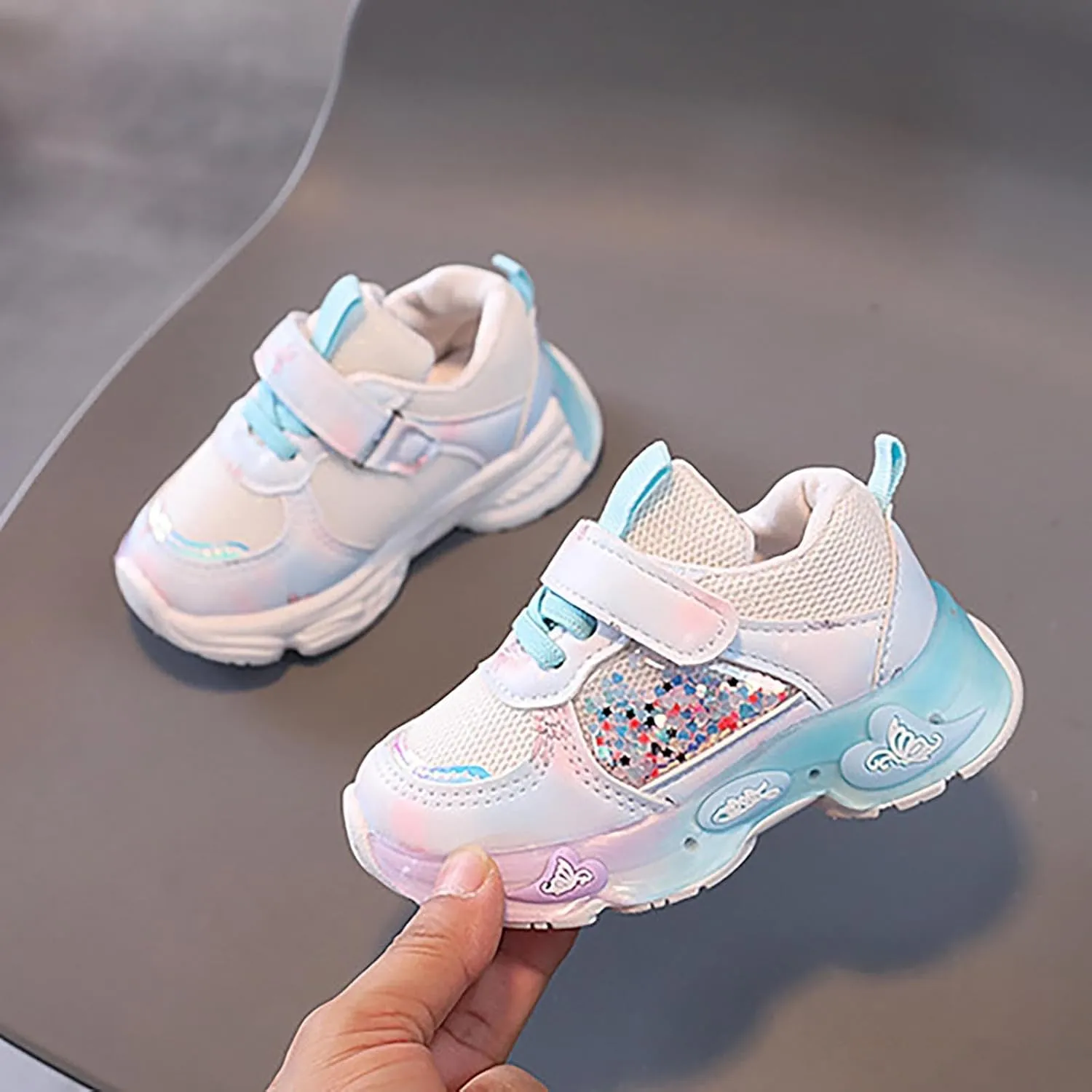 Mesh Glitter artoon Sneaker for Toddler Baby Girls Open Breathable Light Up Sport Shoes Outdoor Running Non Slip Comfy