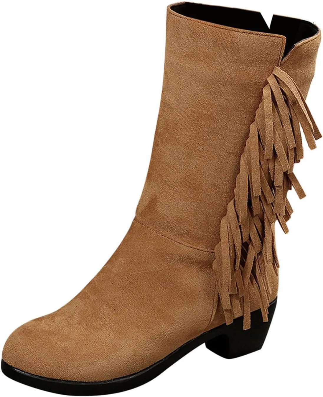 Mid Calf Boots for Women Western Boots Women Fashion Retro Solid Suede Tassel Zipper Thick Heel Mid Sleeve Boots