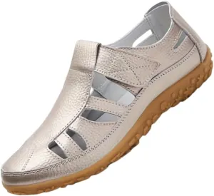 Non Slip Closed Toe Women's Retro Flat Sandals, Solid Color Hook & Loop Casual Outdoor Shoes