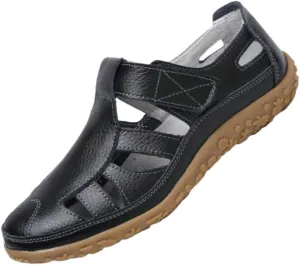 Non Slip Closed Toe Women's Retro Flat Sandals, Solid Color Hook & Loop Casual Outdoor Shoes