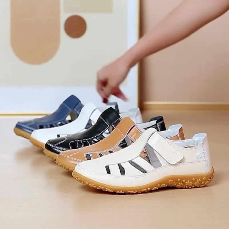 Non Slip Closed Toe Women's Retro Flat Sandals, Solid Color Hook & Loop Casual Outdoor Shoes