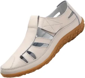 Non Slip Closed Toe Women's Retro Flat Sandals, Solid Color Hook & Loop Casual Outdoor Shoes