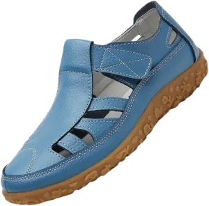 Non Slip Closed Toe Women's Retro Flat Sandals, Solid Color Hook & Loop Casual Outdoor Shoes