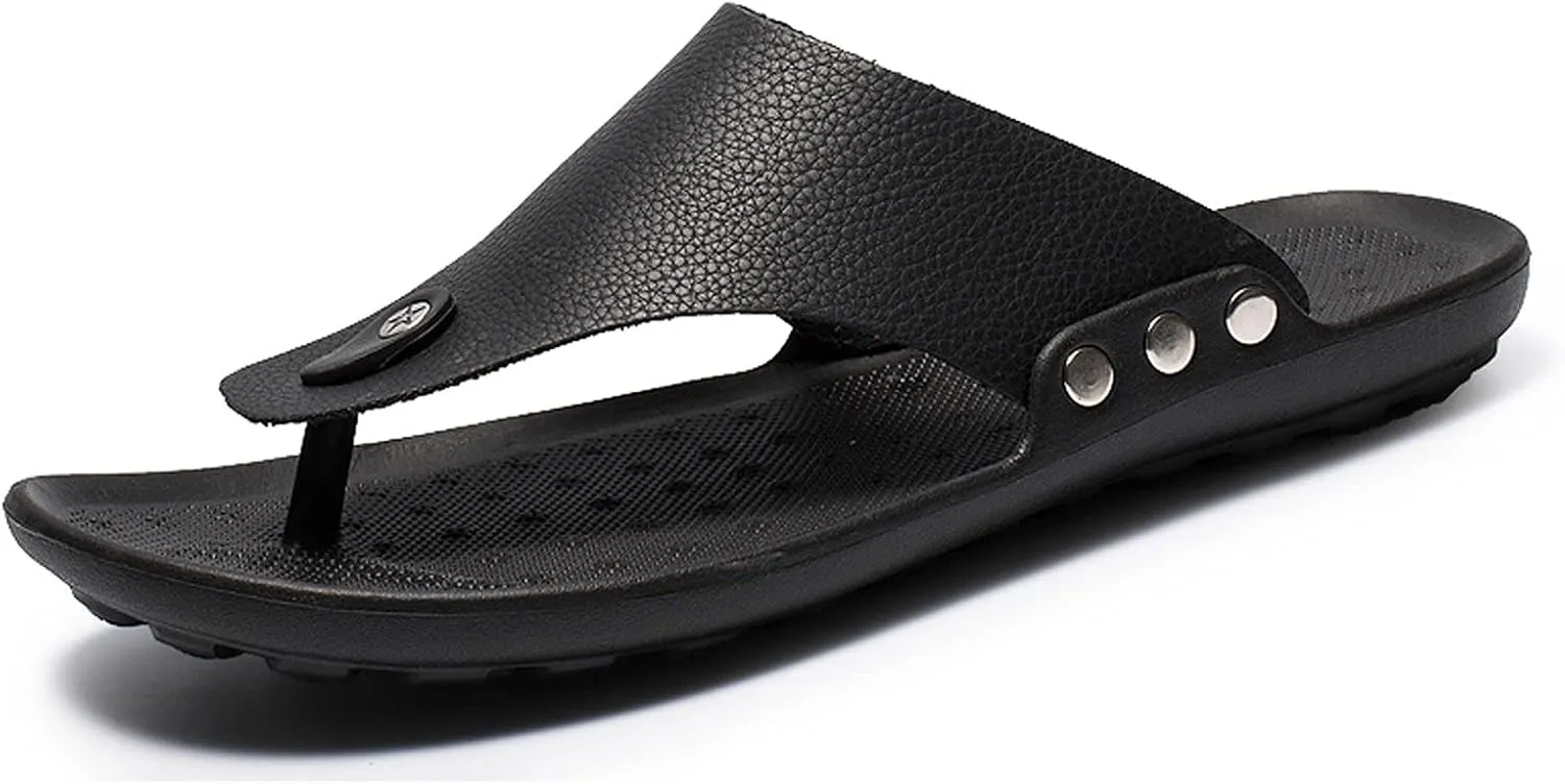 oiangi Men's Shoes Summer Leather Fashion Flip Flops Casual External Wear Beach Sandals