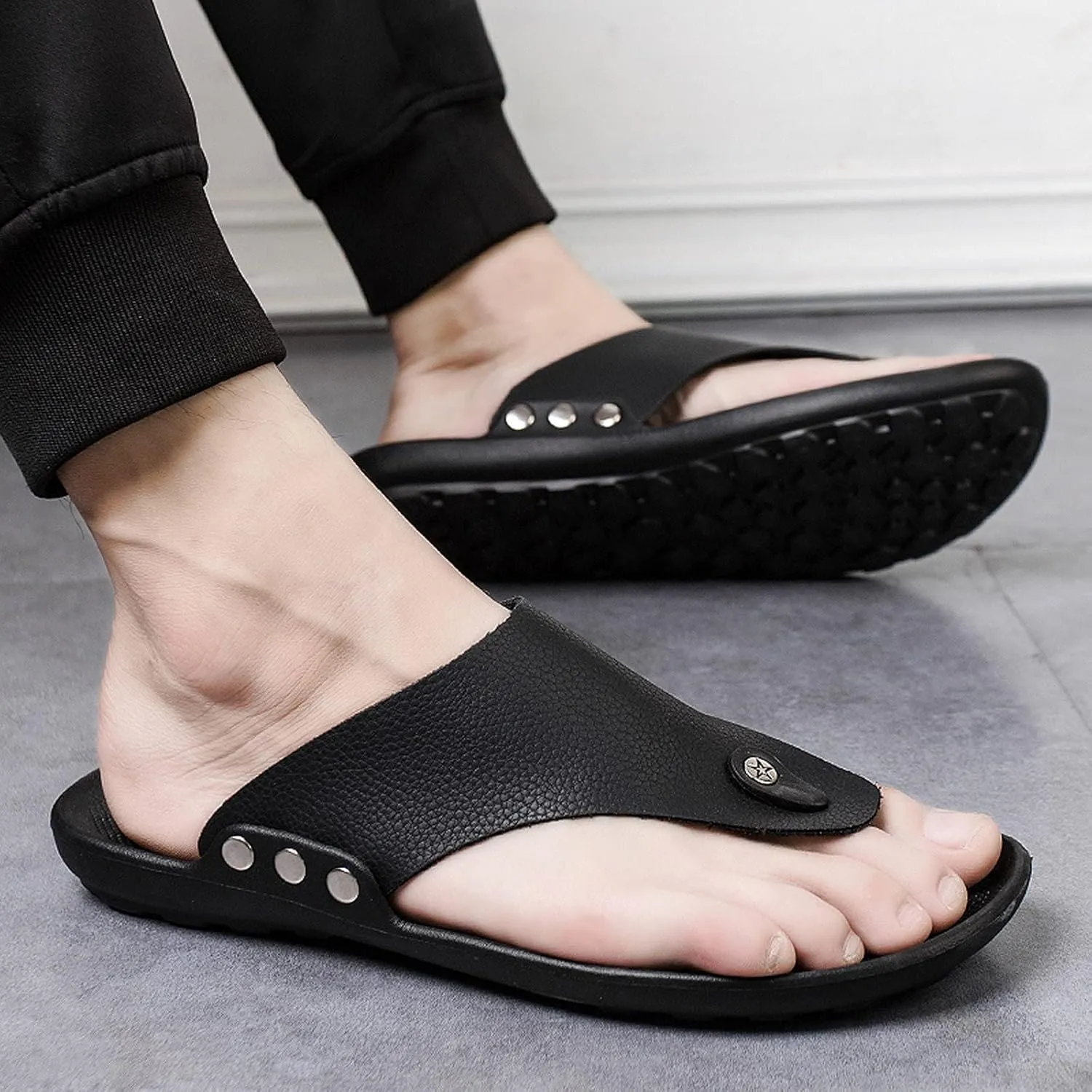 oiangi Men's Shoes Summer Leather Fashion Flip Flops Casual External Wear Beach Sandals
