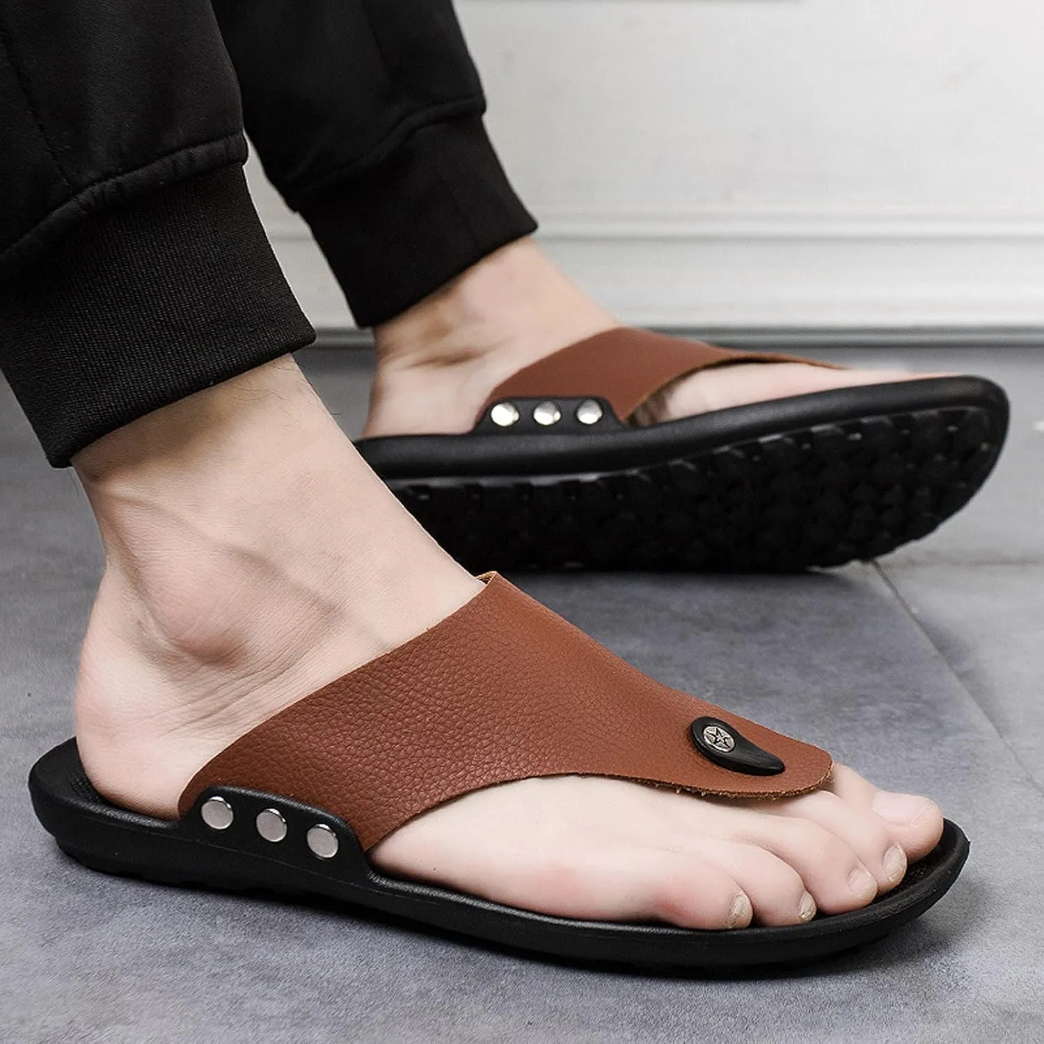 oiangi Men's Shoes Summer Leather Fashion Flip Flops Casual External Wear Beach Sandals