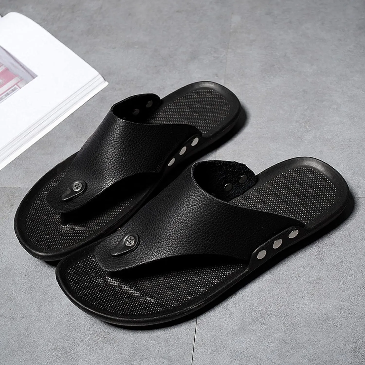 oiangi Men's Shoes Summer Leather Fashion Flip Flops Casual External Wear Beach Sandals