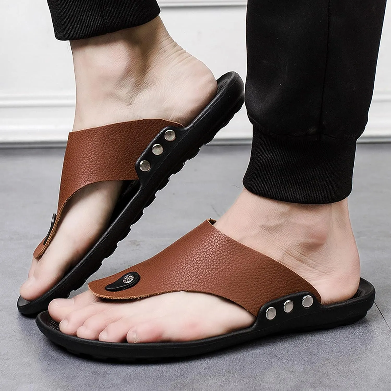 oiangi Men's Shoes Summer Leather Fashion Flip Flops Casual External Wear Beach Sandals