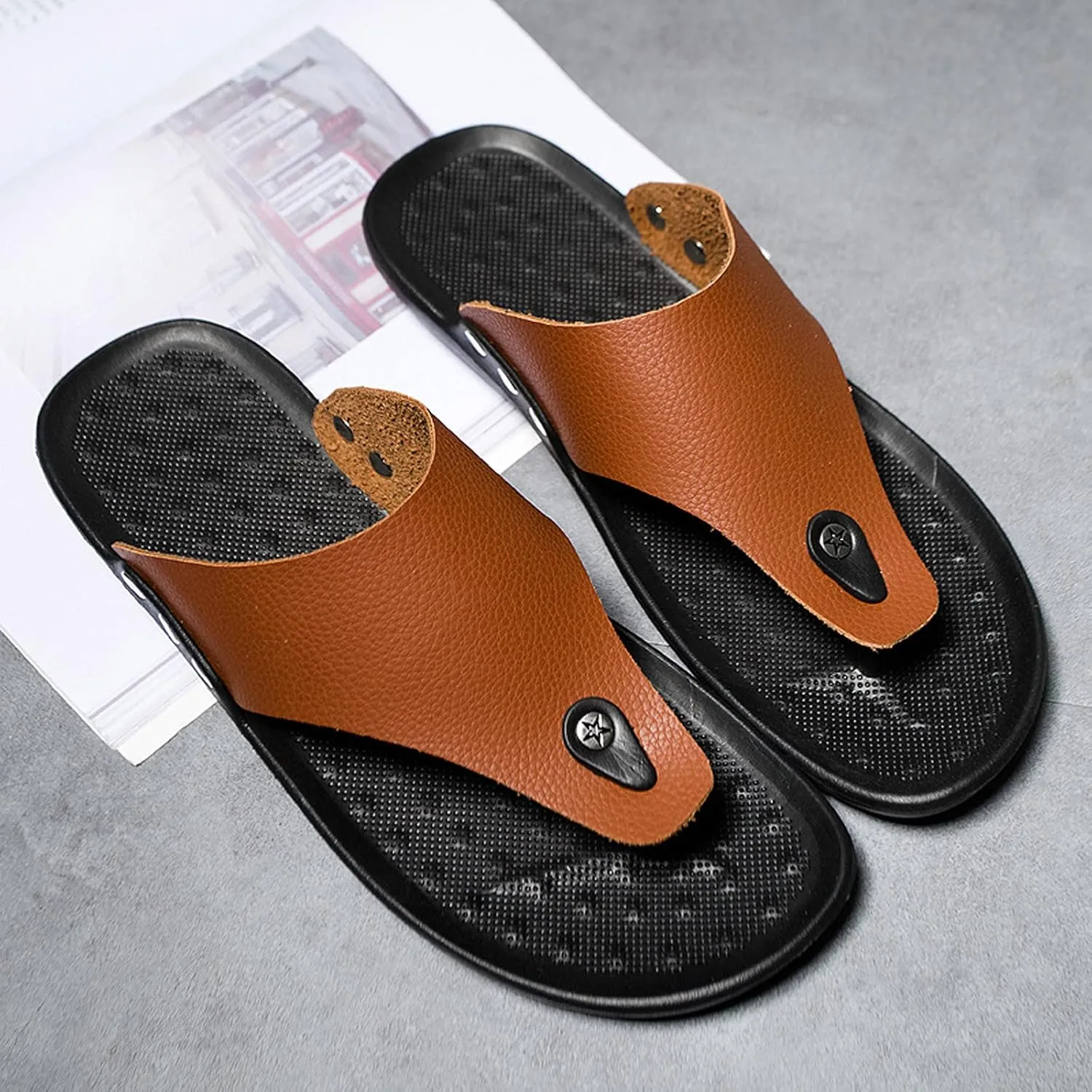 oiangi Men's Shoes Summer Leather Fashion Flip Flops Casual External Wear Beach Sandals