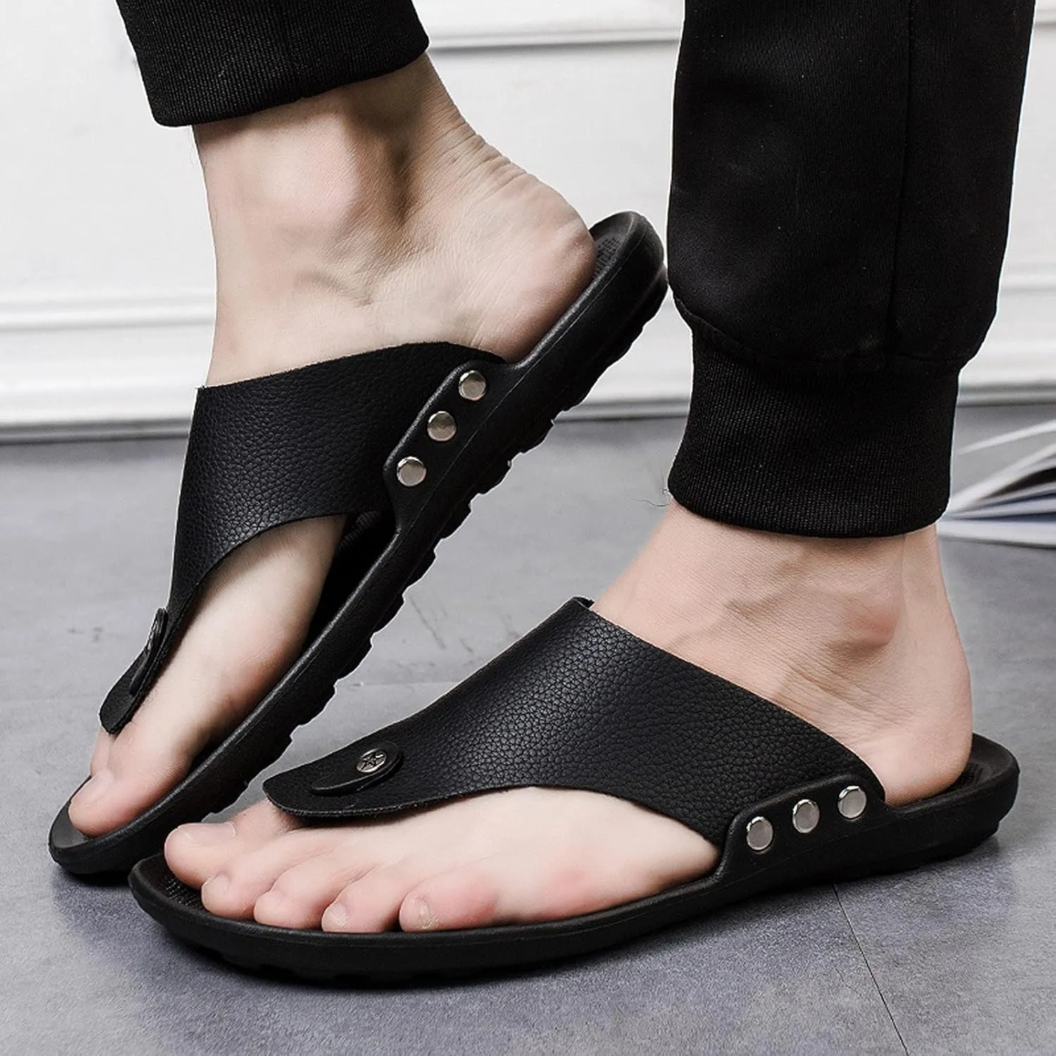 oiangi Men's Shoes Summer Leather Fashion Flip Flops Casual External Wear Beach Sandals