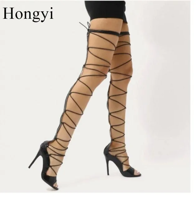 Open Toe Lace Up Over the Knee Sandals