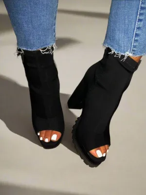 Peep Toe Chunky Heel Booties, Fashionable Open Toe