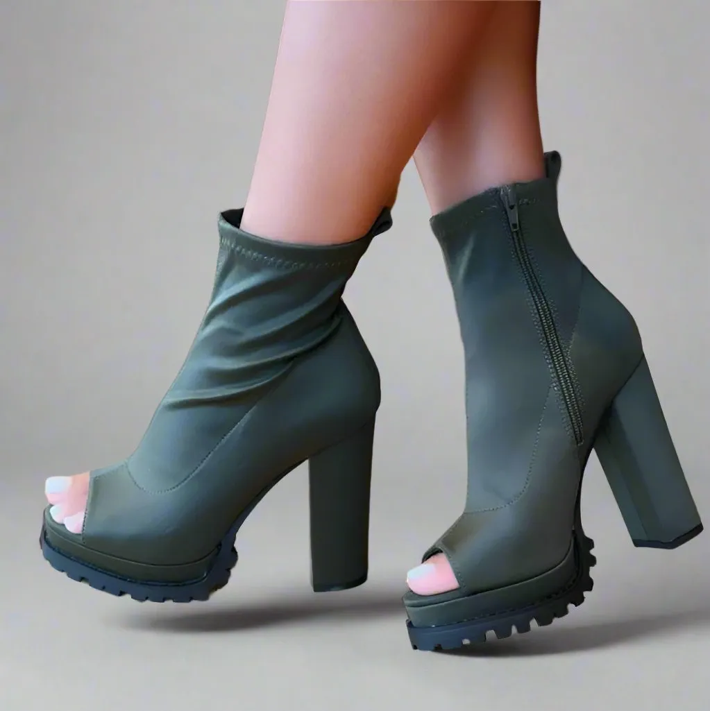 Peep Toe Chunky Heel Booties, Fashionable Open Toe