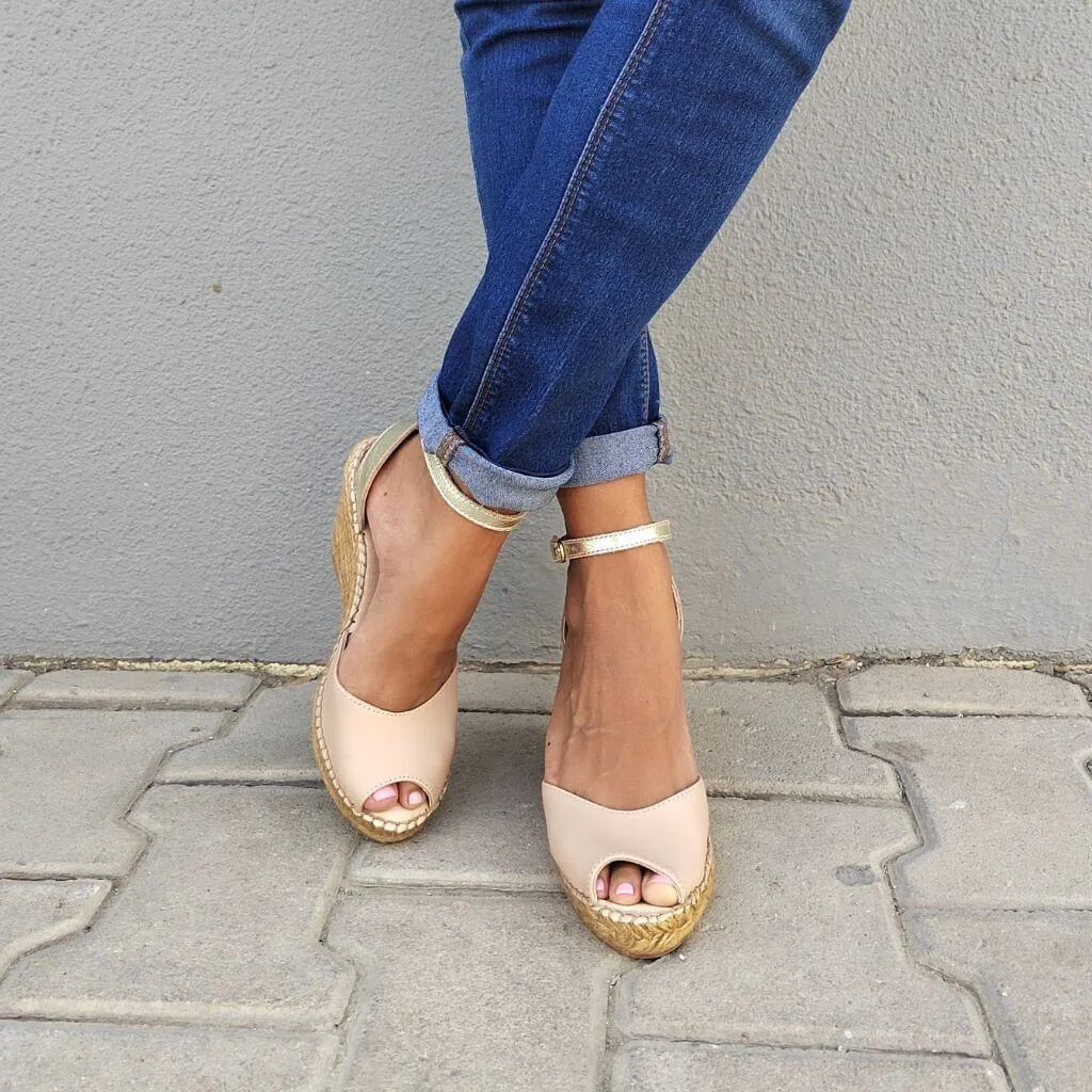 Peep Toe Espadrille Wedge in Sandy Champagne