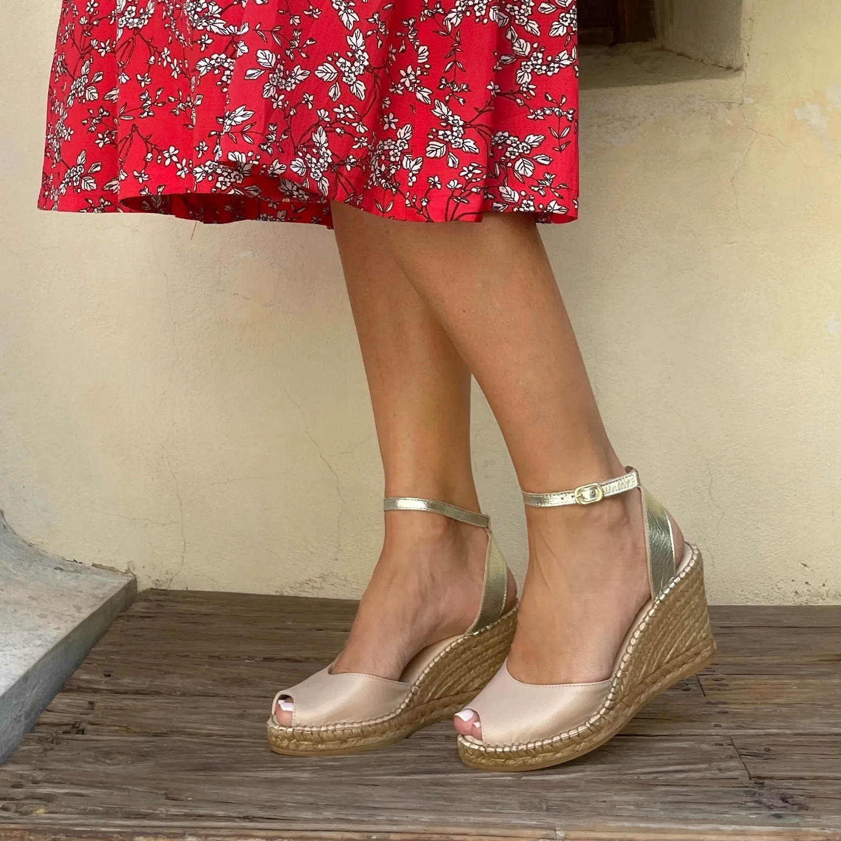 Peep Toe Espadrille Wedge in Sandy Champagne