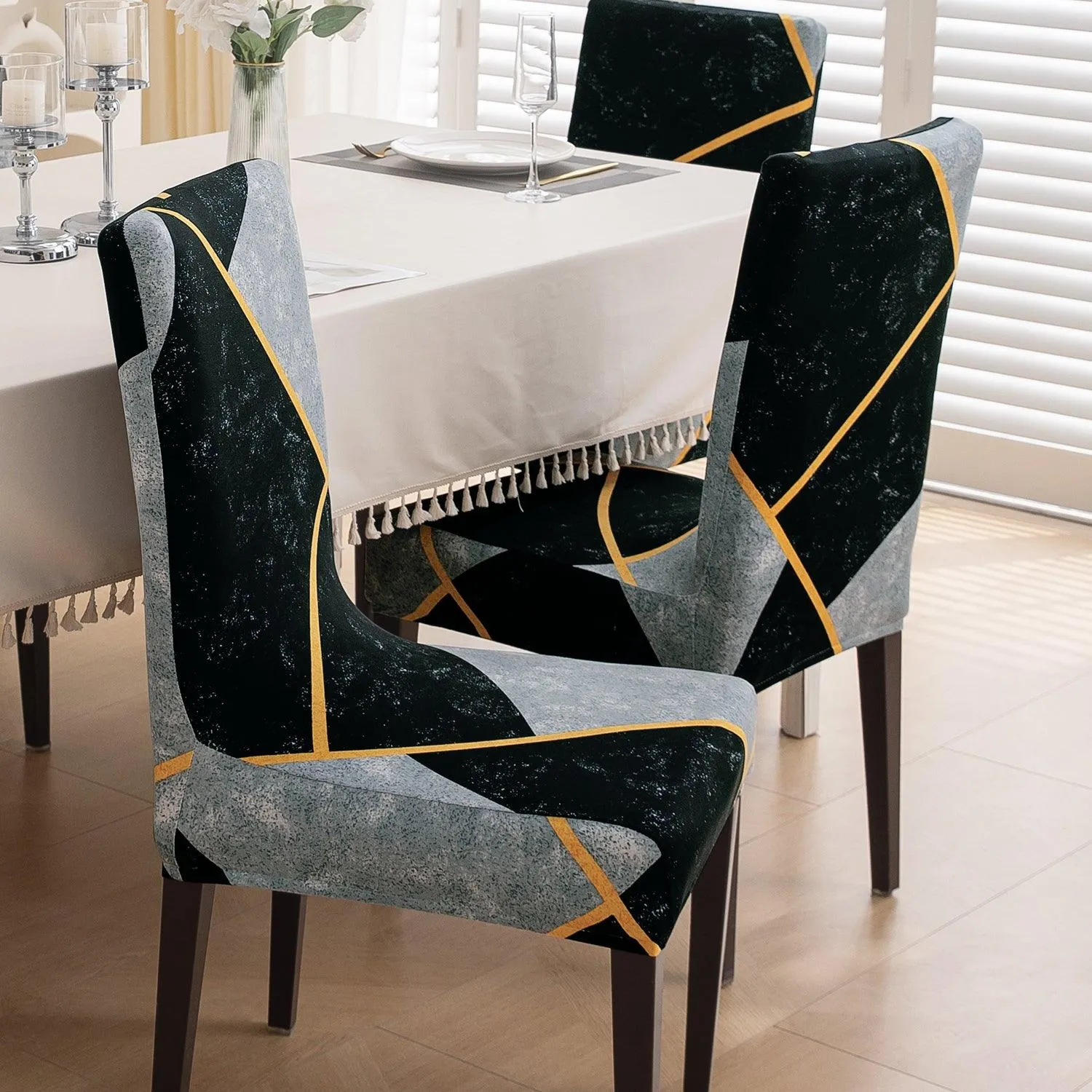 PolySpandex 140gsm Dining Chair Cover Set of 1/2/4/6, Multicolor Abstract Geometry