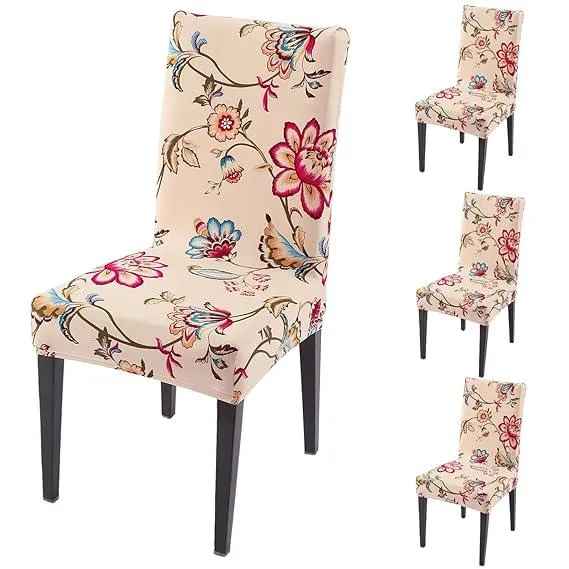 PolySpandex 140gsm Elastic Dining Chair Cover Set of 1/2/4/6, Beach Beige Dahlia
