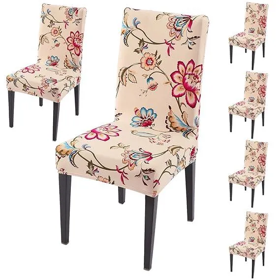PolySpandex 140gsm Elastic Dining Chair Cover Set of 1/2/4/6, Beach Beige Dahlia