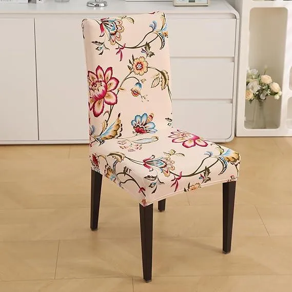PolySpandex 140gsm Elastic Dining Chair Cover Set of 1/2/4/6, Beach Beige Dahlia