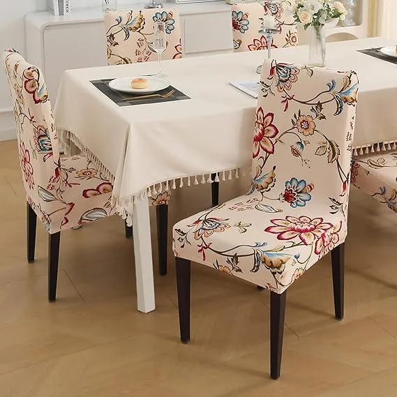 PolySpandex 140gsm Elastic Dining Chair Cover Set of 1/2/4/6, Beach Beige Dahlia