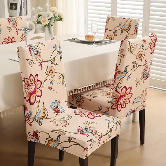 PolySpandex 140gsm Elastic Dining Chair Cover Set of 1/2/4/6, Beach Beige Dahlia