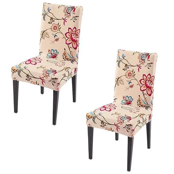 PolySpandex 140gsm Elastic Dining Chair Cover Set of 1/2/4/6, Beach Beige Dahlia