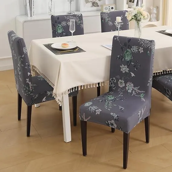 PolySpandex 140gsm Elastic Dining Chair Cover Set of 1/2/4/6, Bentonite Grey Budding Florals