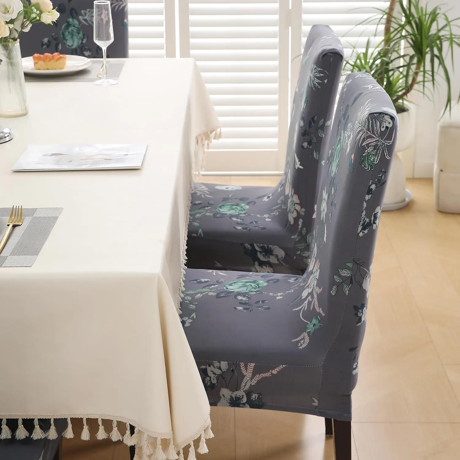 PolySpandex 140gsm Elastic Dining Chair Cover Set of 1/2/4/6, Bentonite Grey Budding Florals