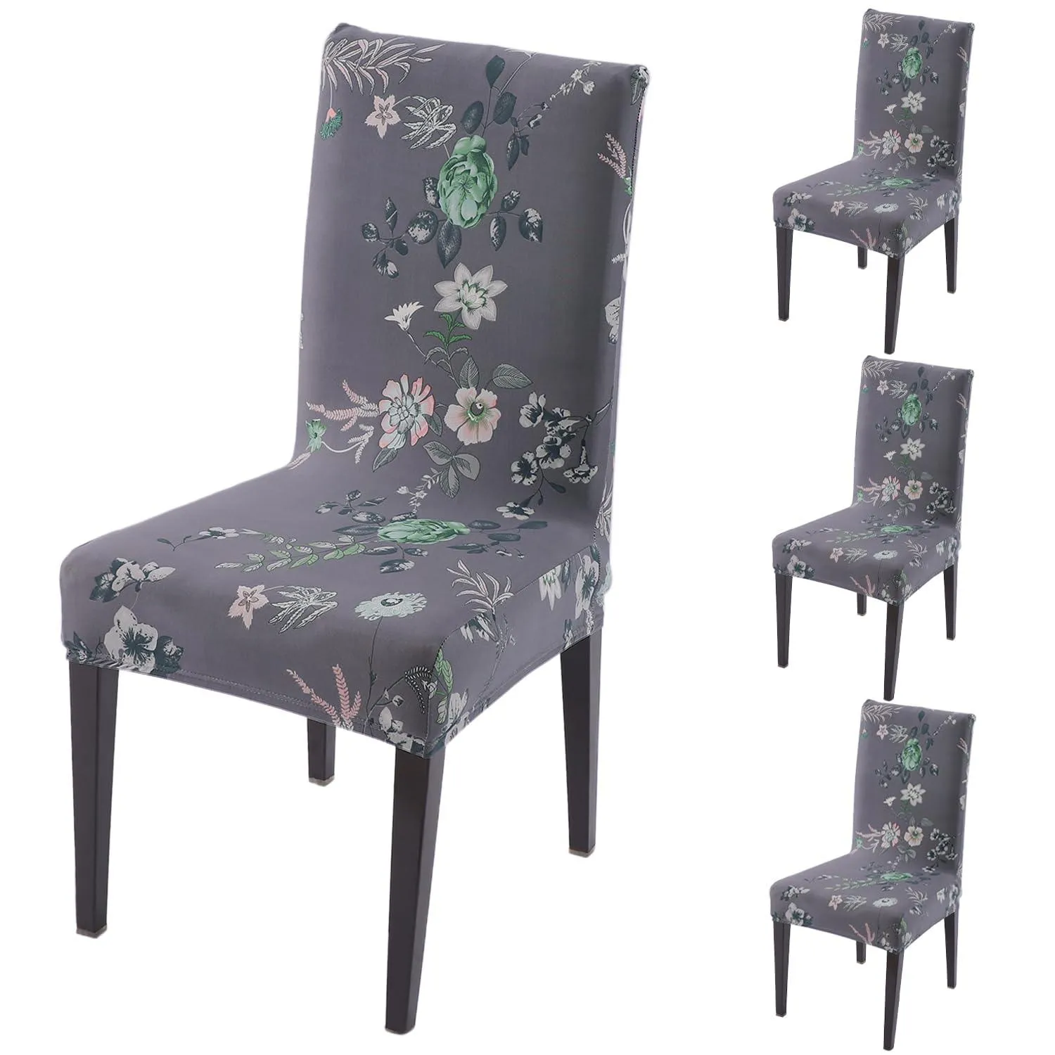 PolySpandex 140gsm Elastic Dining Chair Cover Set of 1/2/4/6, Bentonite Grey Budding Florals