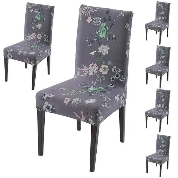 PolySpandex 140gsm Elastic Dining Chair Cover Set of 1/2/4/6, Bentonite Grey Budding Florals