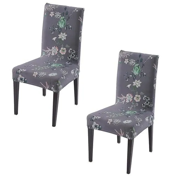 PolySpandex 140gsm Elastic Dining Chair Cover Set of 1/2/4/6, Bentonite Grey Budding Florals