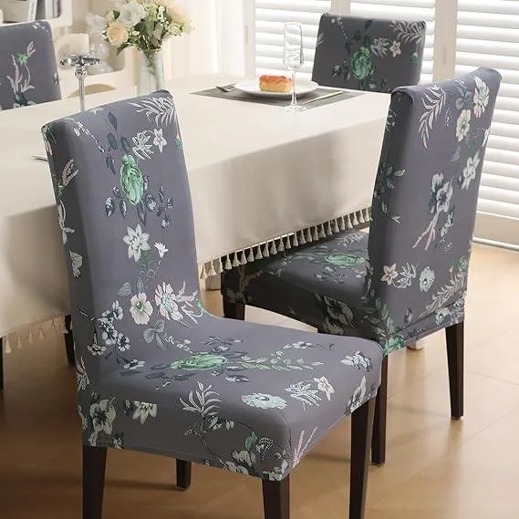PolySpandex 140gsm Elastic Dining Chair Cover Set of 1/2/4/6, Bentonite Grey Budding Florals