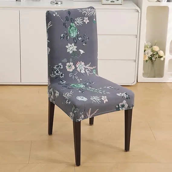 PolySpandex 140gsm Elastic Dining Chair Cover Set of 1/2/4/6, Bentonite Grey Budding Florals
