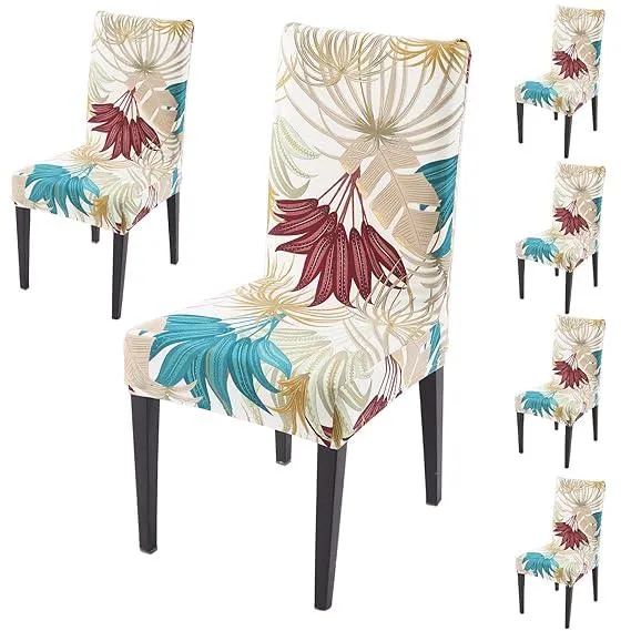 PolySpandex 140gsm Elastic Dining Chair Cover Set of 1/2/4/6, Cane Beige Ferns