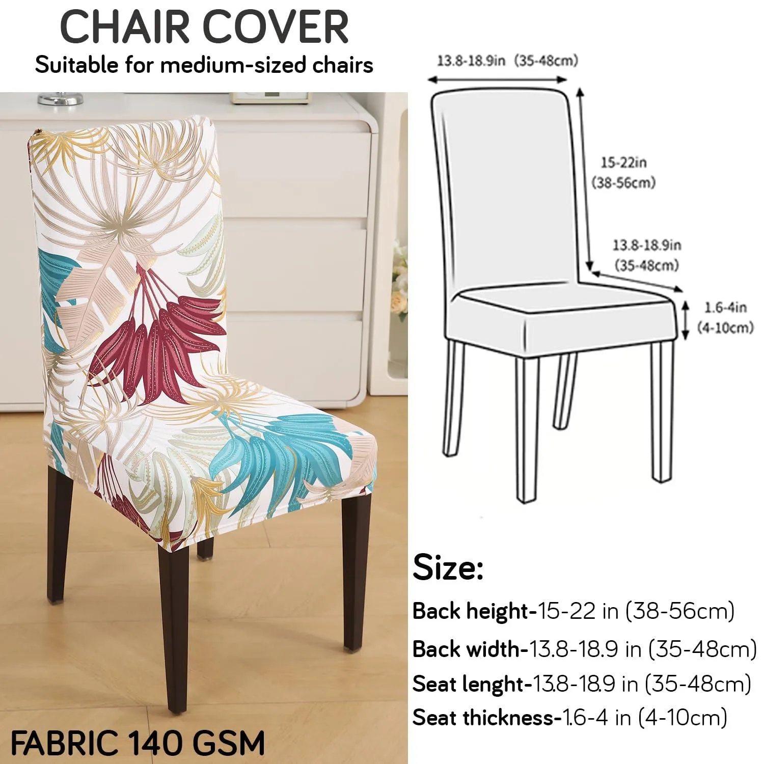 PolySpandex 140gsm Elastic Dining Chair Cover Set of 1/2/4/6, Cane Beige Ferns