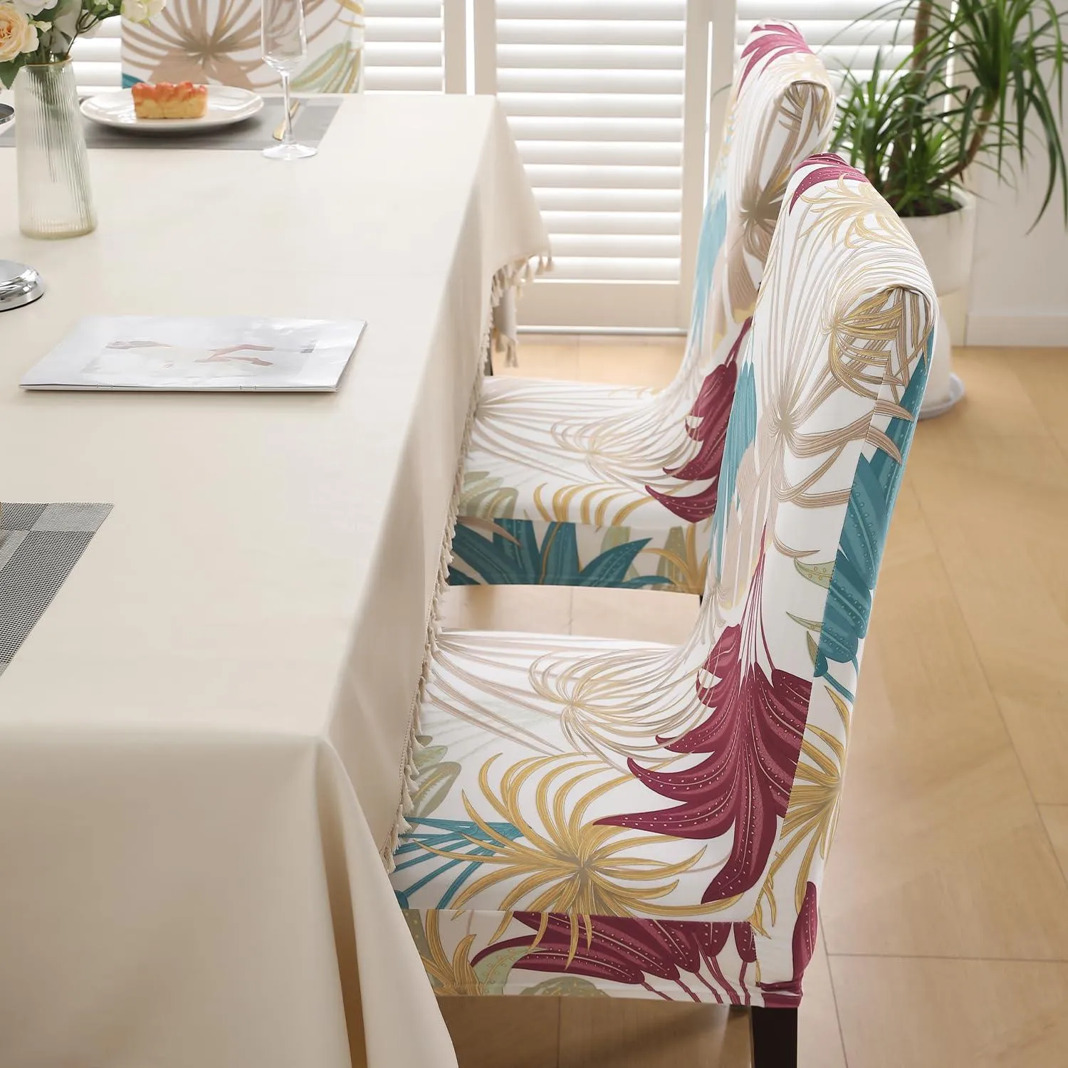 PolySpandex 140gsm Elastic Dining Chair Cover Set of 1/2/4/6, Cane Beige Ferns