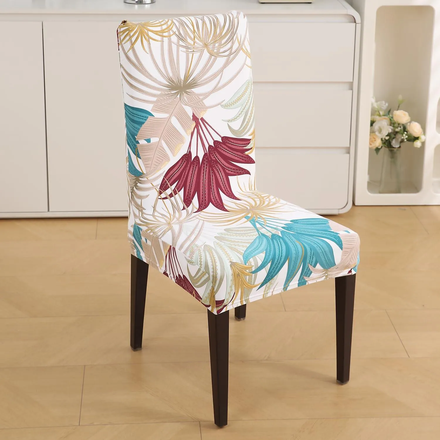 PolySpandex 140gsm Elastic Dining Chair Cover Set of 1/2/4/6, Cane Beige Ferns
