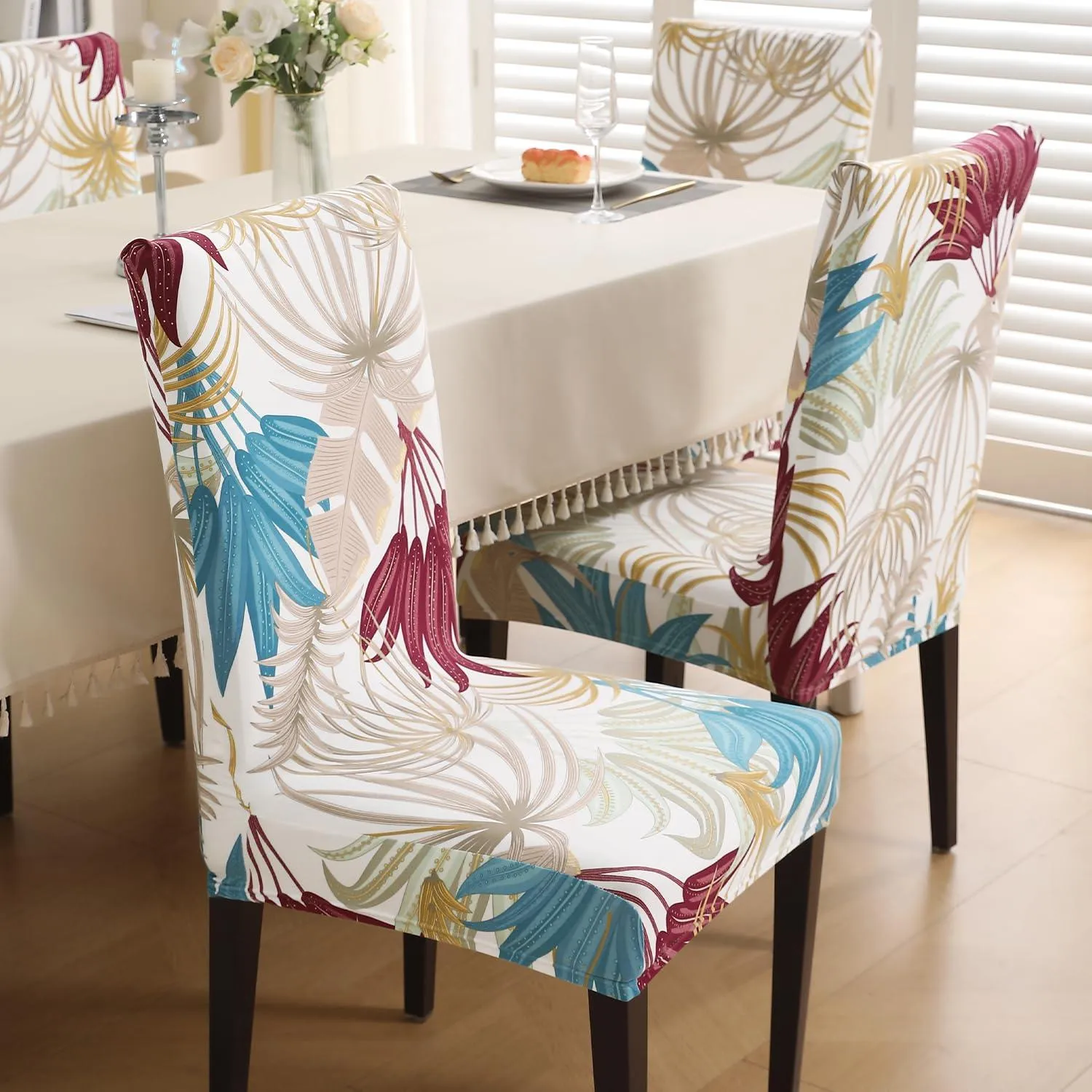 PolySpandex 140gsm Elastic Dining Chair Cover Set of 1/2/4/6, Cane Beige Ferns