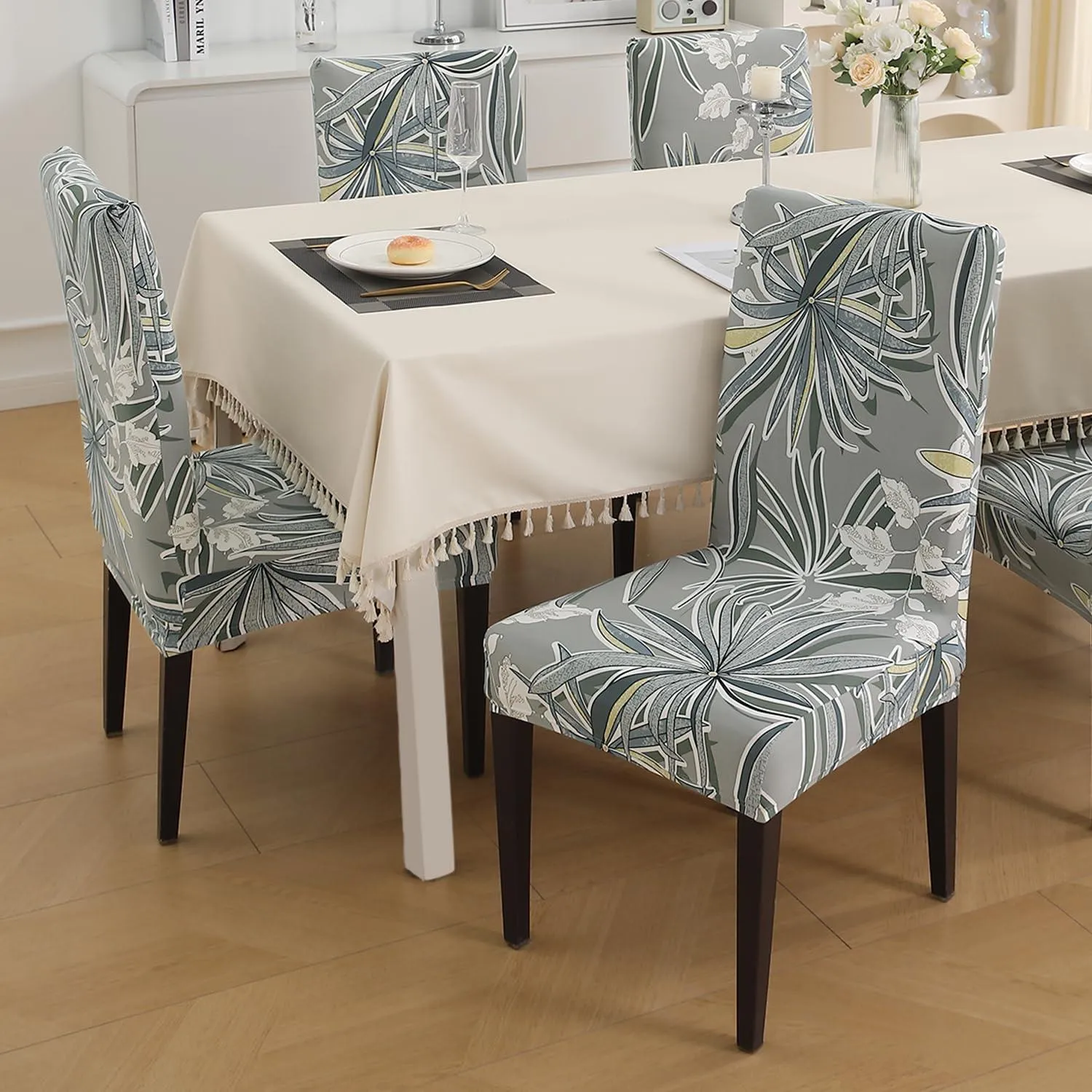 PolySpandex 140gsm Elastic Dining Chair Cover Set of 1/2/4/6, Frost Grey Marginata
